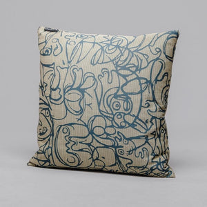 Open image in slideshow, Cushion x Herringbone Edition Twine Natural fabric Teal artwork · €195 · ASGER JORN | CURATED BY DOMICILECULTURE
