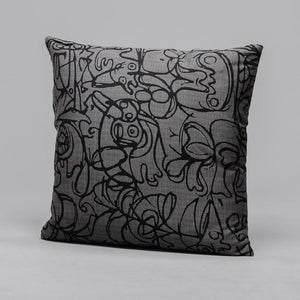 Open image in slideshow, Cushion x Herringbone Edition Dark Grey fabric Black artwork · €195 · ASGER JORN | CURATED BY DOMICILECULTURE
