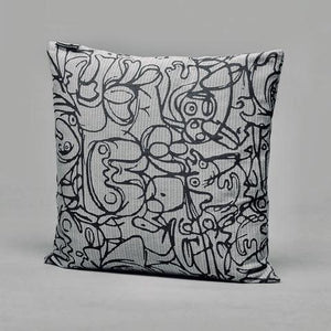 Open image in slideshow, Cushion x Herringbone Edition Silver Grey fabric Dark Grey artwork · €195 · ASGER JORN | CURATED BY DOMICILECULTURE
