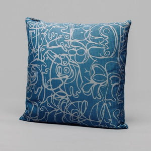 Open image in slideshow, Cushion x Herringbone Edition Azure Blue fabric Silver Grey artwork · €195 · ASGER JORN | CURATED BY DOMICILECULTURE
