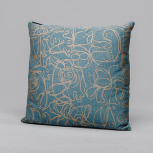 Open image in slideshow, Cushion x Herringbone Edition Teal Blue fabric Camel artwork · €195 · ASGER JORN | CURATED BY DOMICILECULTURE
